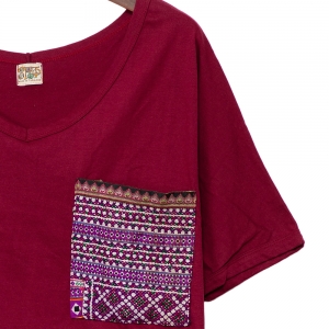 エスニック tシャツ カットソー モン族 刺繍 ポケット Vネックアジアンファッション エスニックファッション
