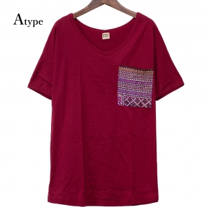 エスニック tシャツ カットソー モン族 刺繍 ポケット Vネックアジアンファッション エスニックファッション
