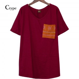 エスニック tシャツ カットソー モン族 刺繍 ポケット Vネックアジアンファッション エスニックファッション