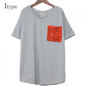 エスニック tシャツ カットソー モン族 刺繍 ポケット Vネックアジアンファッション エスニックファッション