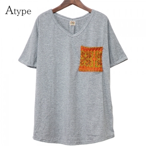 エスニック tシャツ カットソー モン族 刺繍 ポケット Vネックアジアンファッション エスニックファッション