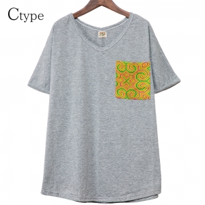 エスニック tシャツ カットソー モン族 刺繍 ポケット Vネックアジアンファッション エスニックファッション
