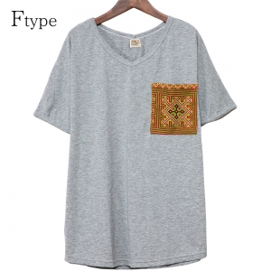 エスニック tシャツ カットソー モン族 刺繍 ポケット Vネックアジアンファッション エスニックファッション