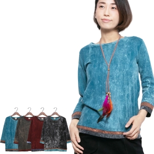 エスニック 長袖Tシャツ ストーンウォッシュ ロンT トップス レディース アジアン ファッション 無地 シンプル レイヤード
