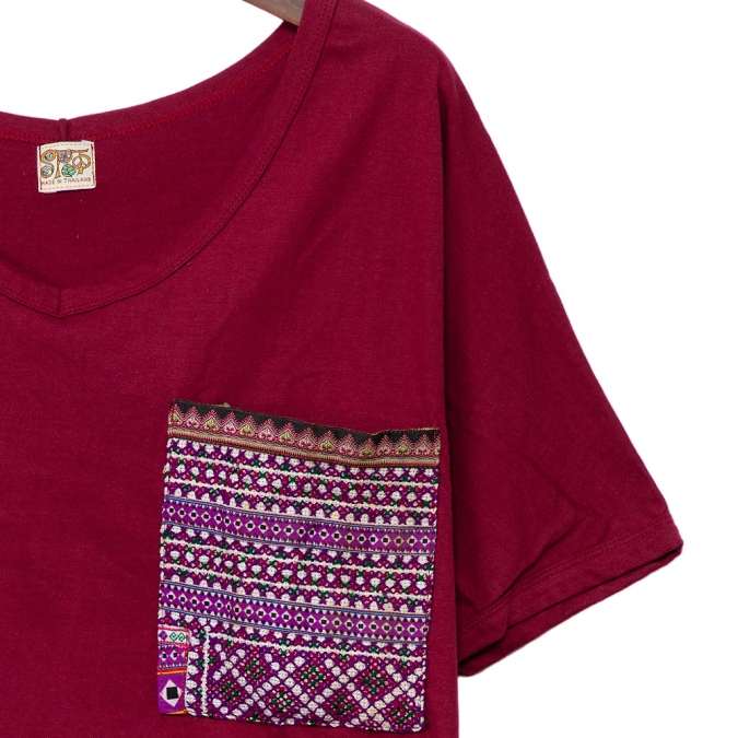 エスニック tシャツ カットソー モン族 刺繍 ポケット Vネックアジアンファッション エスニックファッション