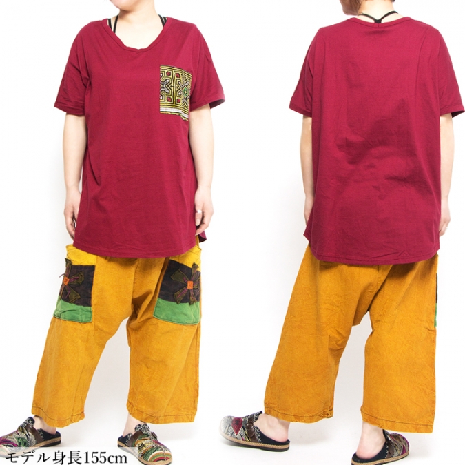 エスニック tシャツ カットソー モン族 刺繍 ポケット Vネックアジアンファッション エスニックファッション