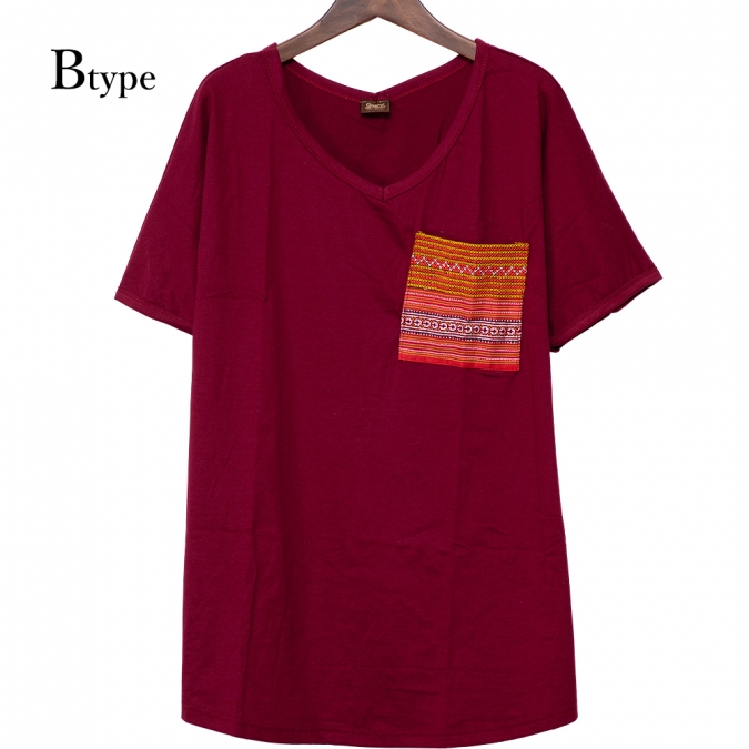 エスニック tシャツ カットソー モン族 刺繍 ポケット Vネックアジアンファッション エスニックファッション