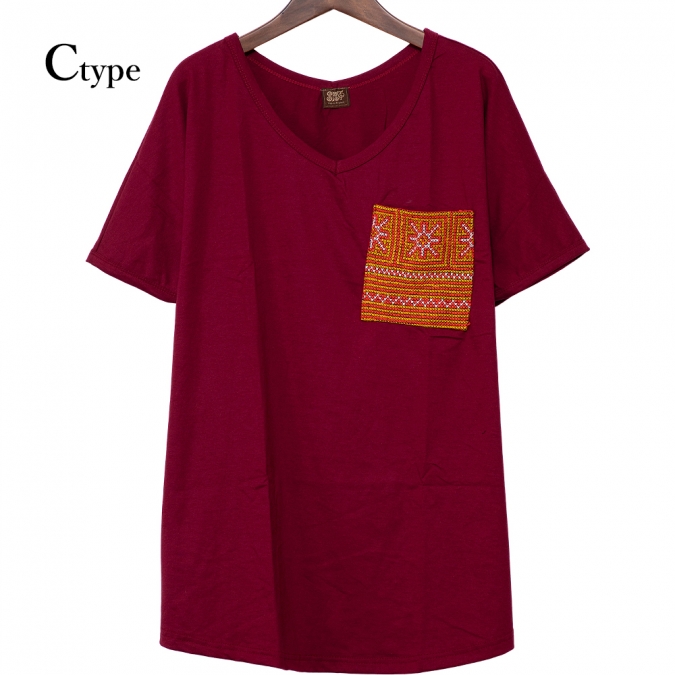 エスニック tシャツ カットソー モン族 刺繍 ポケット Vネックアジアンファッション エスニックファッション