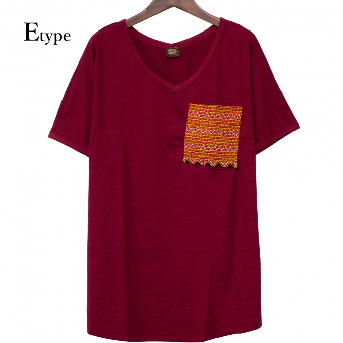 エスニック tシャツ カットソー モン族 刺繍 ポケット Vネックアジアンファッション エスニックファッション