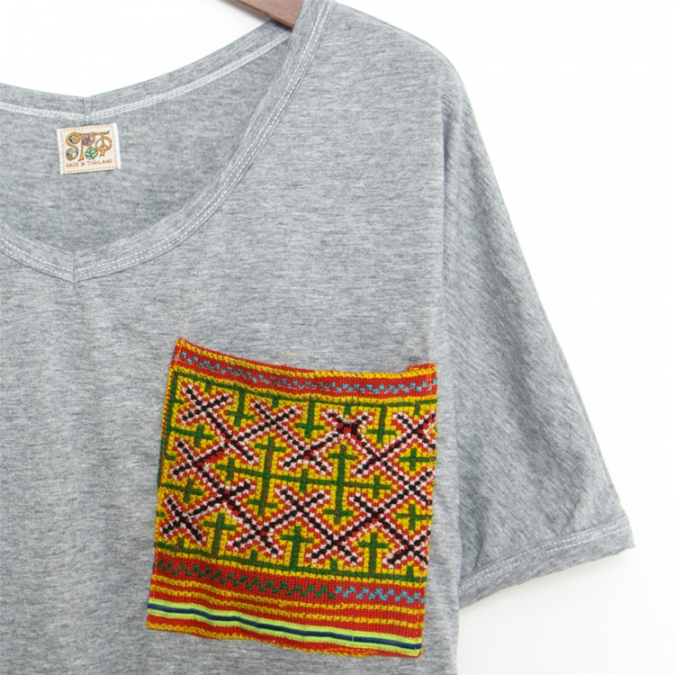エスニック tシャツ カットソー モン族 刺繍 ポケット Vネックアジアンファッション エスニックファッション