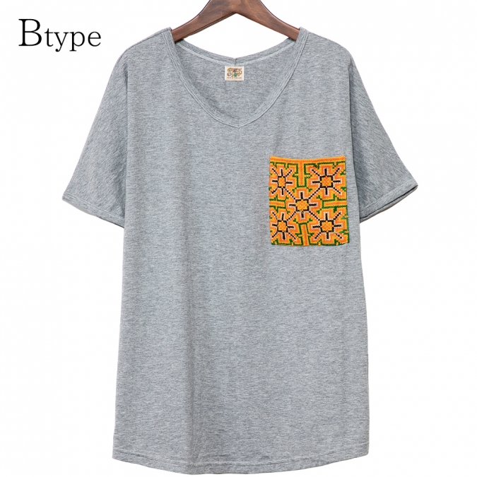 エスニック tシャツ カットソー モン族 刺繍 ポケット Vネックアジアンファッション エスニックファッション