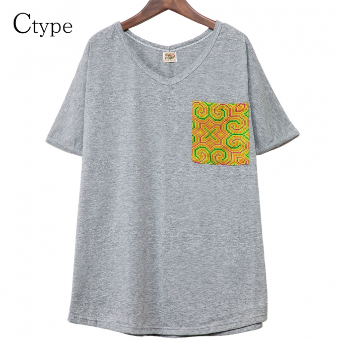 エスニック tシャツ カットソー モン族 刺繍 ポケット Vネックアジアンファッション エスニックファッション