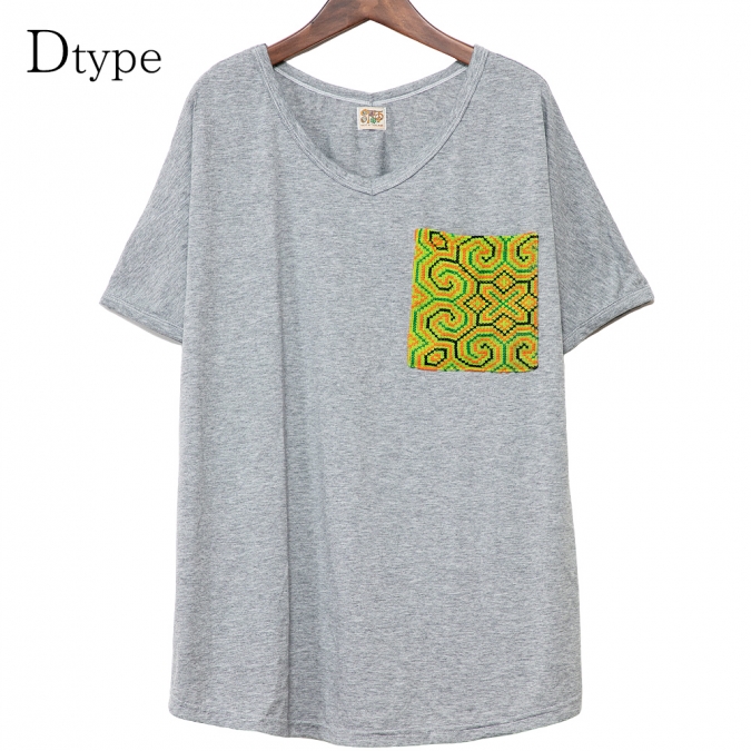 エスニック tシャツ カットソー モン族 刺繍 ポケット Vネックアジアンファッション エスニックファッション