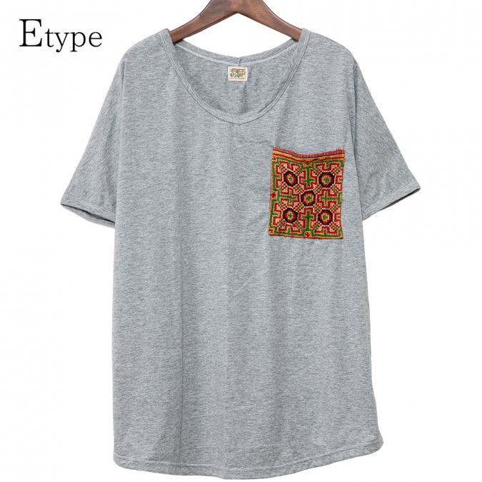エスニック tシャツ カットソー モン族 刺繍 ポケット Vネックアジアンファッション エスニックファッション