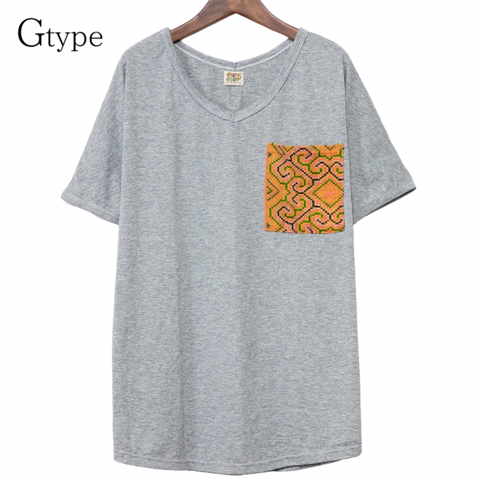 エスニック tシャツ カットソー モン族 刺繍 ポケット Vネックアジアンファッション エスニックファッション