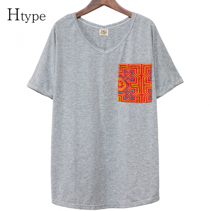 エスニック tシャツ カットソー モン族 刺繍 ポケット Vネックアジアンファッション エスニックファッション
