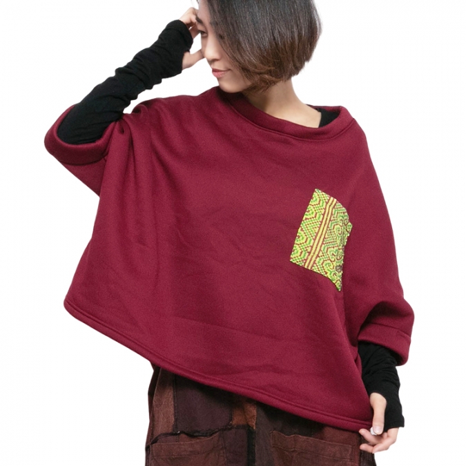 エスニック モン族 あったか 裏起毛 スウェット カットソー レディース トップス アジアン 冬 ゆったり 大きいサイズ かわいい ボルドー