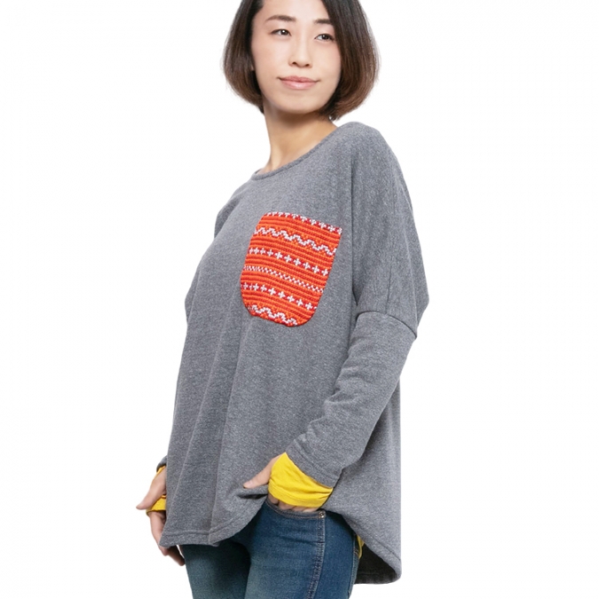 エスニック モン族 スウェット プルオーバー カットソー レディース トップス アジアン 冬 春 ゆったり かわいい ダークグレー
