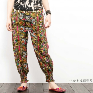 エスニック ロングパンツ 裾シャーリング ジョガーシルエット レディース ファッション アジアン ゆったり おしゃれ 楽ちん