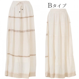 カットワークレース ティアード マキシ丈ロングスカート エスニックファッション ナチュラルテイスト レディース 夏 春 コットン ウエストゴム 大人