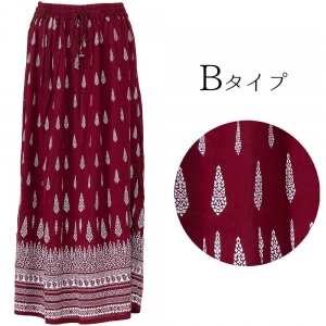 エスニック ロングスカート レディース 楊柳 レーヨン インド プリント 涼感 涼しい 春 夏 ボヘミアン 体型カバー 軽やか