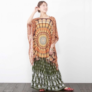 エスニック ロングスカート レディース 楊柳 レーヨン インド プリント 涼感 涼しい 春 夏 ボヘミアン 体型カバー 軽やか