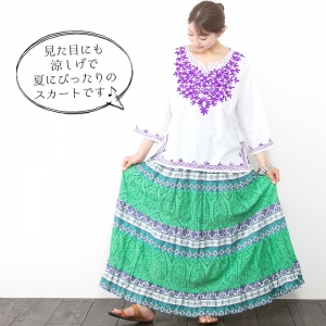 カットワークレース ティアード ロングスカート エスニック コットン ナチュラル ふんわり Aライン マキシ丈 夏 レディース 涼しい 涼感