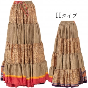 インドサリー ティアード スカート リメイクスカート シルク混 涼しい 夏 レディース ゴムウエスト しわになりにくい エスニック ロングスカート