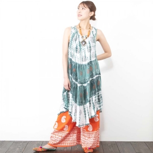 タイダイ×ストーンウォッシュ 刺繍入り ペイズリー ブロックプリント ワンピース レディース 春 夏 涼感 チュニック丈 エスニック アジアン ファッション