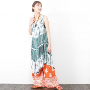 タイダイ×ストーンウォッシュ 刺繍入り ペイズリー ブロックプリント ワンピース レディース 春 夏 涼感 チュニック丈 エスニック アジアン ファッション
