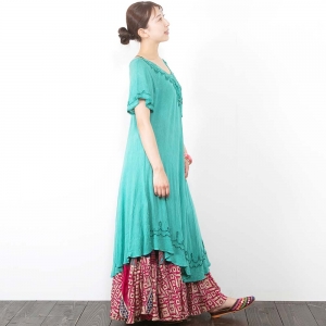 レーヨン 半袖 ワンピース 涼感 レディース 刺繍入り レースアップ Uネック ゆったり ラウンドヘム エスニック インド製 夏 体型カバー