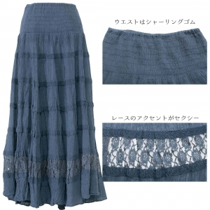 コットン 楊柳 ティアード スカート ロング マキシ丈 フレア クロシェ レース シャーリングゴム レディース エスニック ナチュラル 春 夏