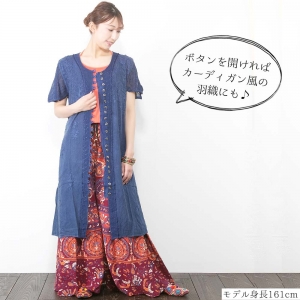 レーヨンチュニック 半袖 レース×ボタンデザイン カーディガンにもなる2WAY 前開き 羽織り ウエストリボン付き 涼やか 大人 チュニックブラウス