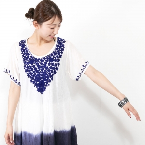 チュニック&パンツ 上下セット セットアップ 半袖 パンツ インド チカンカリ刺繍 グラデーション染め 薄手レーヨン 夏 リゾートコーデ