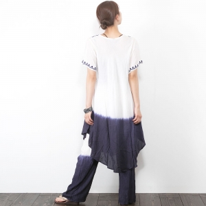 チュニック&パンツ 上下セット セットアップ 半袖 パンツ インド チカンカリ刺繍 グラデーション染め 薄手レーヨン 夏 リゾートコーデ