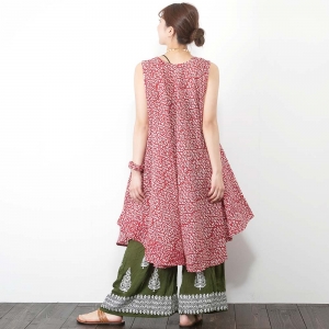 インド綿 ワンピース ブロックプリント サンガネール レディース 夏 ノースリーブ ラウンドヘム エスニック ナチュラル 涼しい 綿100％ 涼感