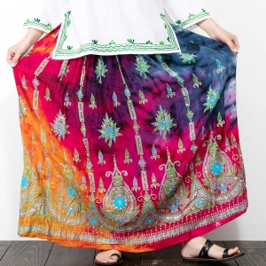 タイダイ スパンコール刺繍 ロングスカート レーヨン 楊柳 エスニック 夏 涼しい レディース インド カラフル フェス リゾート