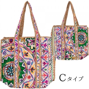 カシミール刺繍 トートバッグ 横45×縦38×マチ15cm ファスナー付き エスニック大判サイズ 1点もの ハンドメイド キルティングバッグ