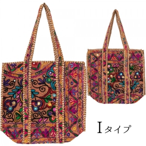 カシミール刺繍 トートバッグ 横45×縦38×マチ15cm ファスナー付き エスニック大判サイズ 1点もの ハンドメイド キルティングバッグ