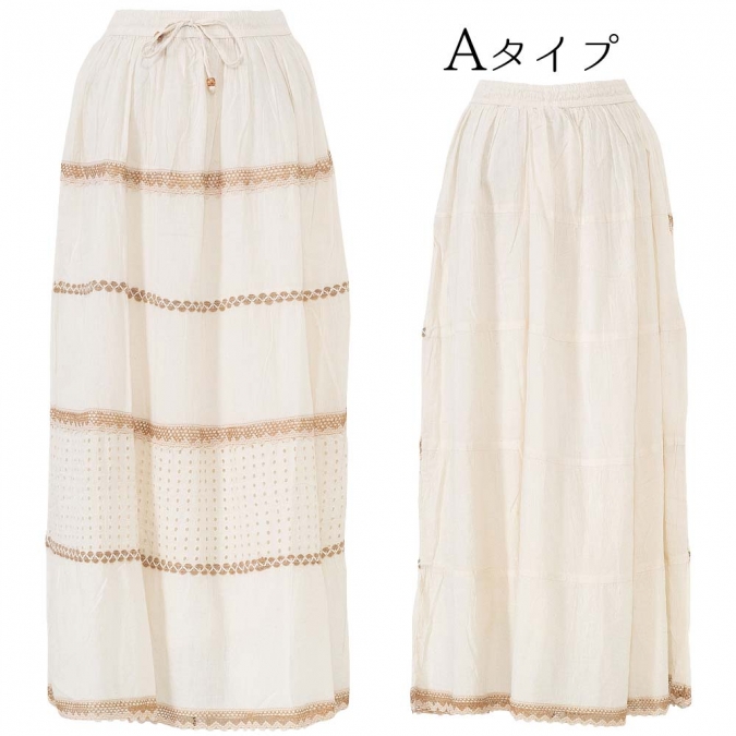 カットワークレース ティアード マキシ丈ロングスカート エスニックファッション ナチュラルテイスト レディース 夏 春 コットン ウエストゴム 大人