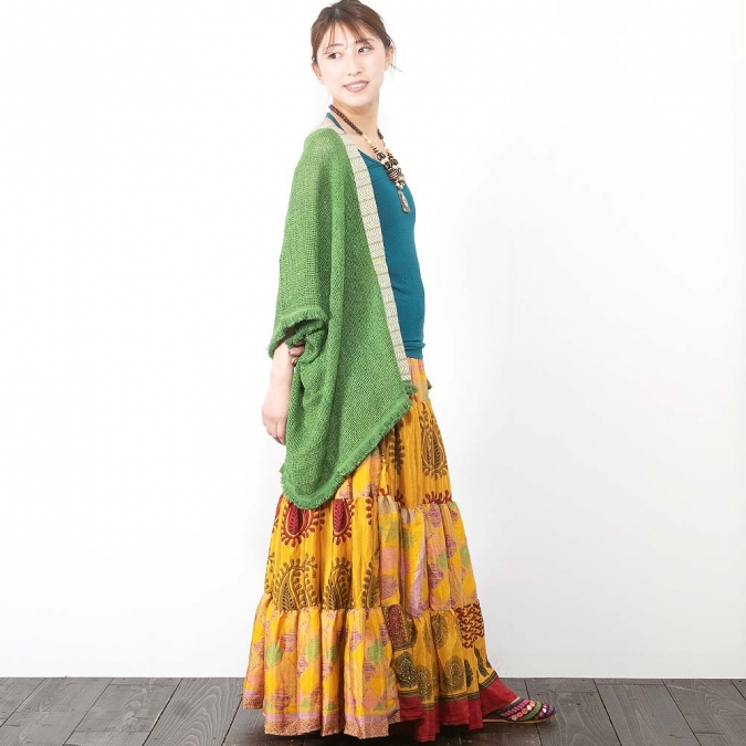 インドサリー ティアード スカート リメイクスカート シルク混 涼しい 夏 レディース ゴムウエスト しわになりにくい エスニック ロングスカート
