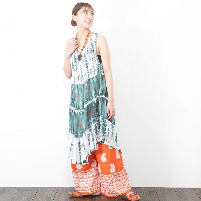 タイダイ×ストーンウォッシュ 刺繍入り ペイズリー ブロックプリント ワンピース レディース 春 夏 涼感 チュニック丈 エスニック アジアン ファッション