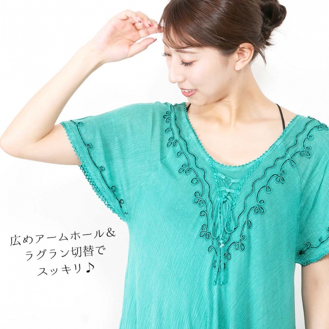 レーヨン 半袖 ワンピース 涼感 レディース 刺繍入り レースアップ Uネック ゆったり ラウンドヘム エスニック インド製 夏 体型カバー