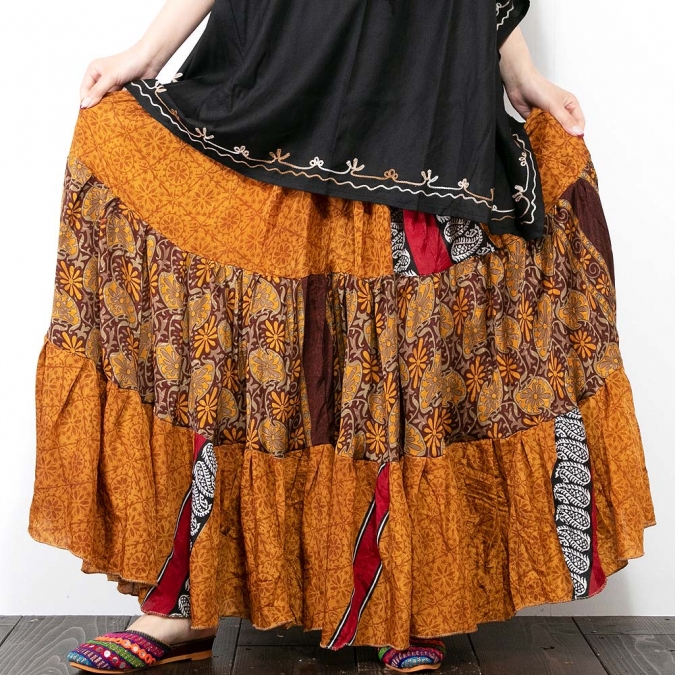 インドサリー 2way ティアード スカート ワンピース ロングスカート シルク混 涼しい 夏 レディース しわになりにくい エスニック リメイクスカート