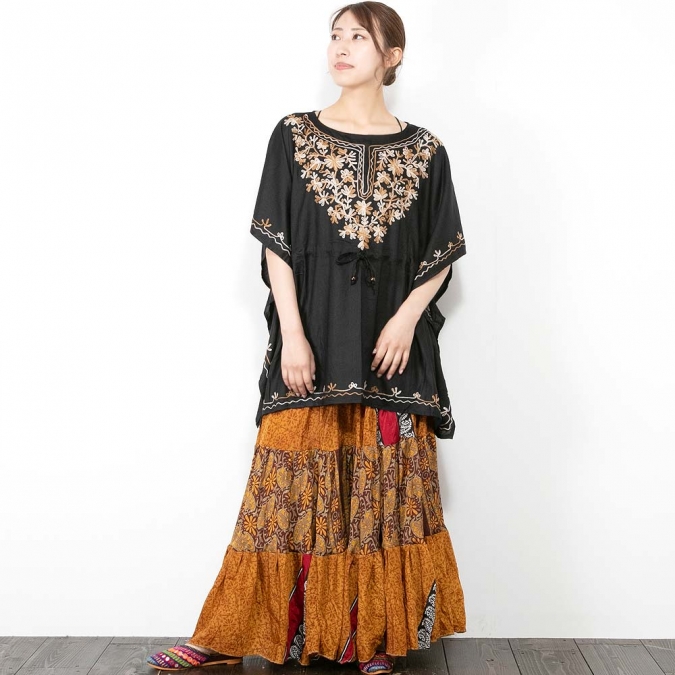 インドサリー 2way ティアード スカート ワンピース ロングスカート シルク混 涼しい 夏 レディース しわになりにくい エスニック リメイクスカート