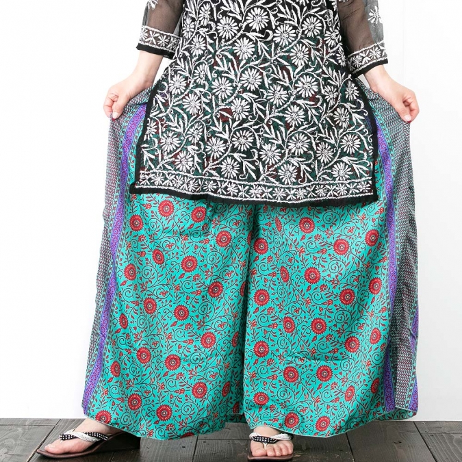 エスニック ワイドパンツ ペイズリー シルク混 シワになりにくい リラックスパンツ レディース ファッション 春 夏 アジアンスタイル インド 軽い 涼しい 薄手