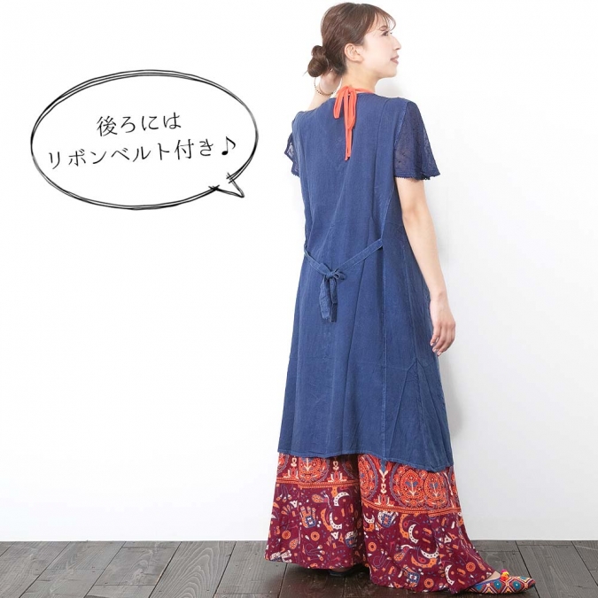 レーヨンチュニック 半袖 レース×ボタンデザイン カーディガンにもなる2WAY 前開き 羽織り ウエストリボン付き 涼やか 大人 チュニックブラウス
