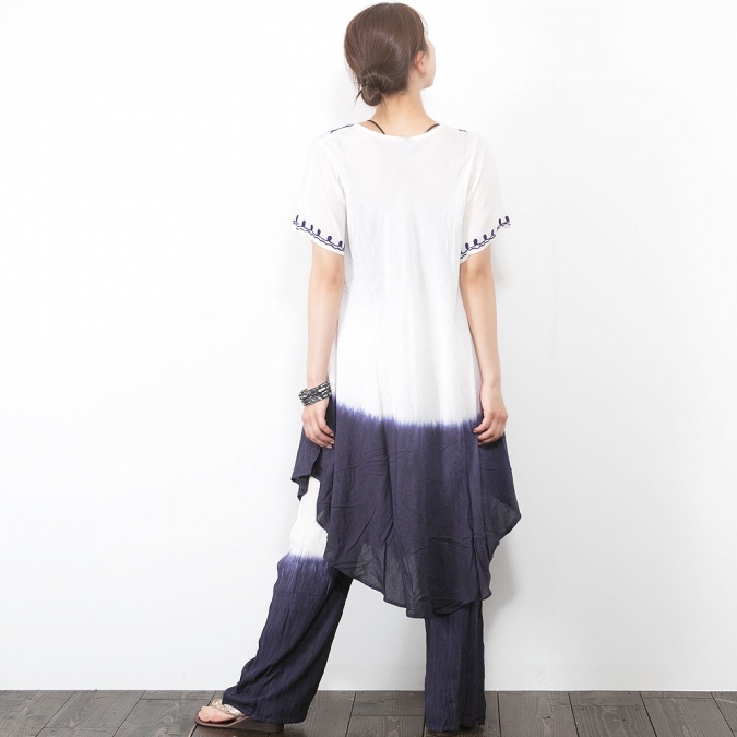 チュニック&パンツ 上下セット セットアップ 半袖 パンツ インド チカンカリ刺繍 グラデーション染め 薄手レーヨン 夏 リゾートコーデ