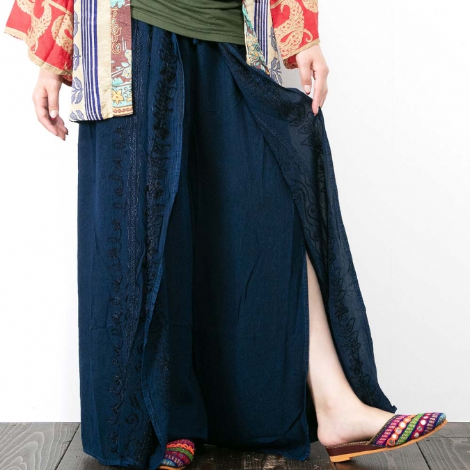ラップパンツ 刺繍 ワイドパンツ レーヨン 涼感 エスニック パンツ ロングパンツ レディース アジアン ファッション 春 夏 おしゃれ 涼しい