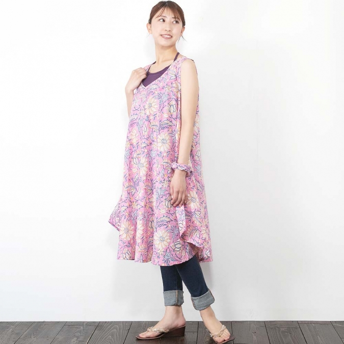 インド綿 ワンピース ブロックプリント サンガネール レディース 夏 ノースリーブ ラウンドヘム エスニック ナチュラル 涼しい 綿100％ 涼感